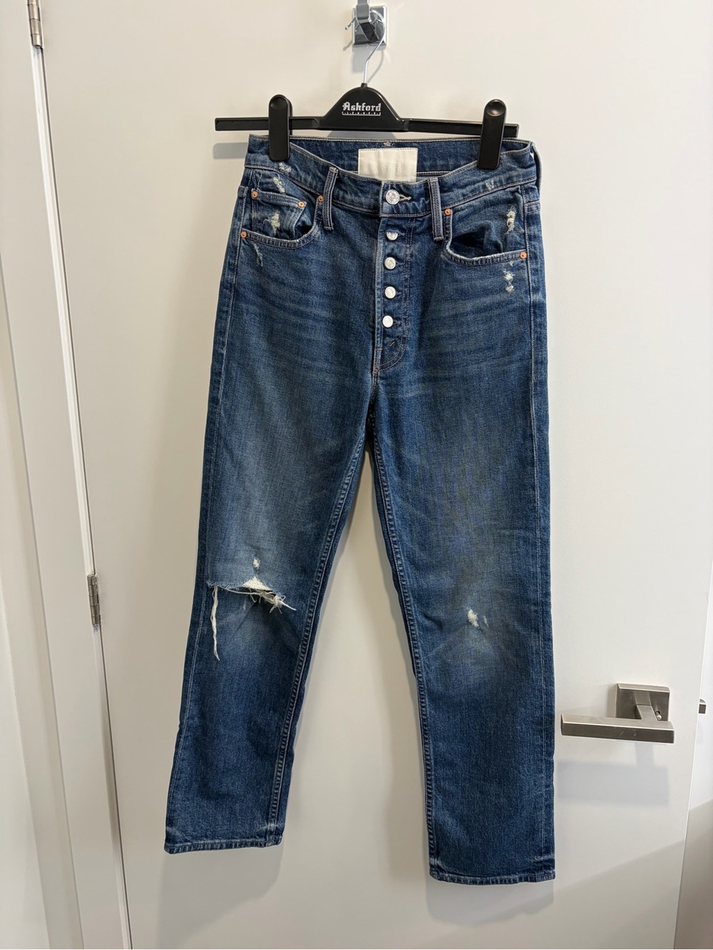MOTHER Women's Straight Jeans in Dark Blue Distressed
